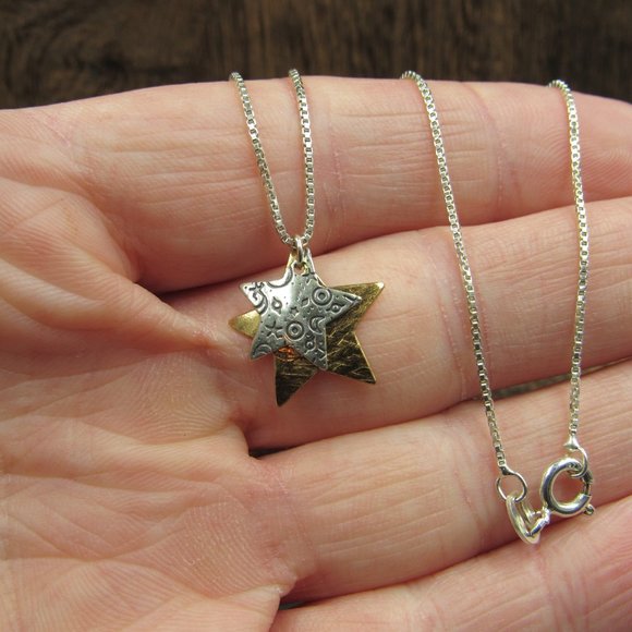 18" Sterling Silver Double Star Pendant Necklace Vintage - Picture 2 of 6